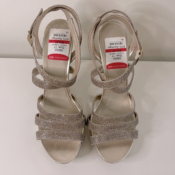 NEW! Glint glitter gold beige ankle wrap heeled platform sandals. Size 11. - Picture 5 of 9